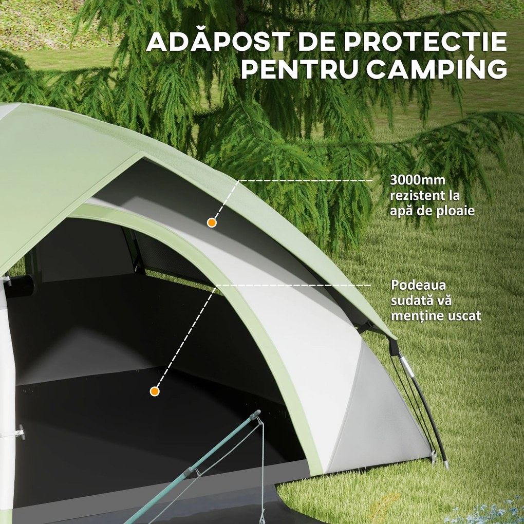 Outsunny Cort de Camping cu 3 Locuri, Geam din Plasă și Cârlig Felinar, Cort de Camping din PE, 270x210x150 cm, Verde | Aosom Romania