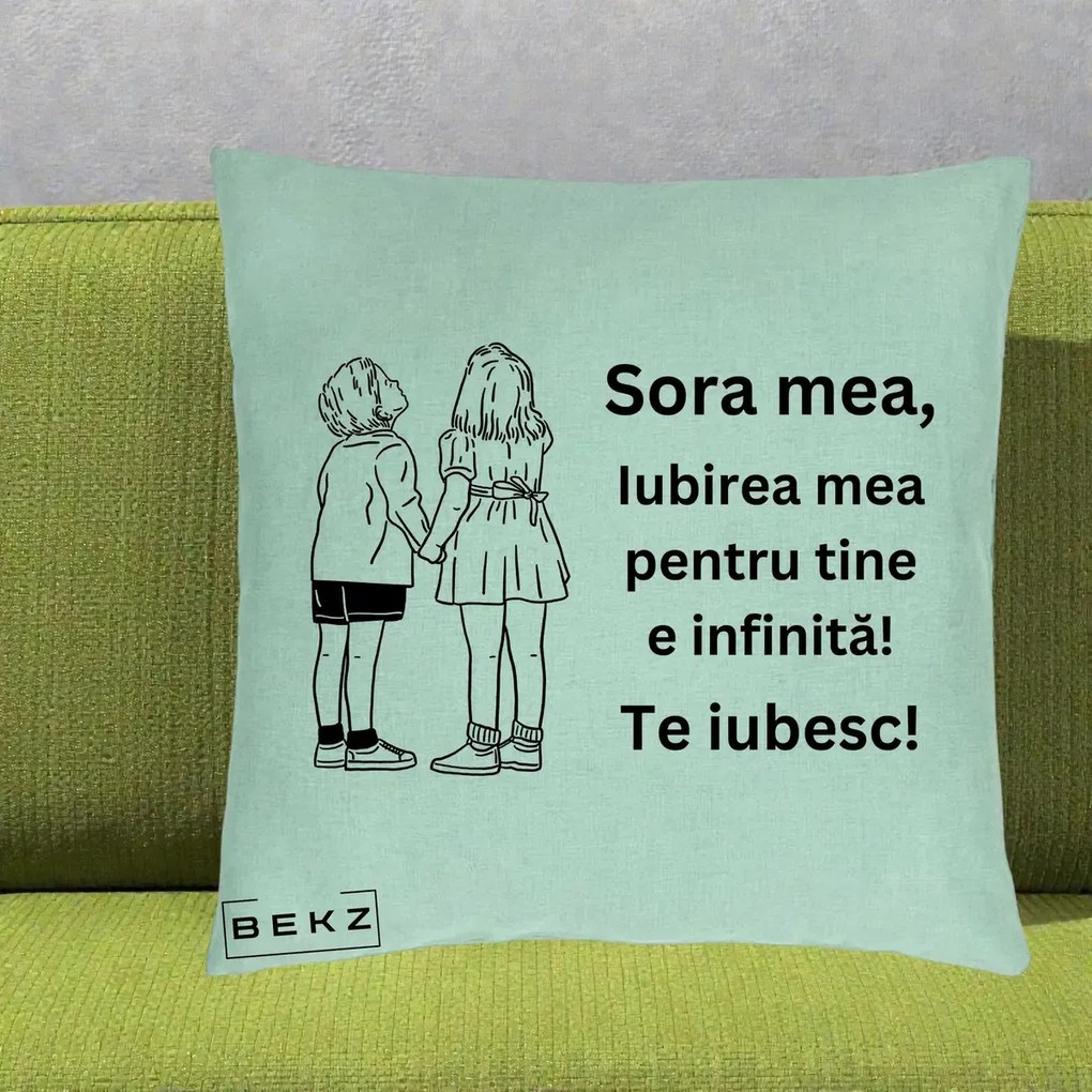 Cadou pentru Sora - Perna Personalizata Sora Mea Te Iubesc Copii Tinand Maini Line Art, 40x40 cm, Verde Menta, Husa Detasabila, Perna Inclusa, BEKZ®