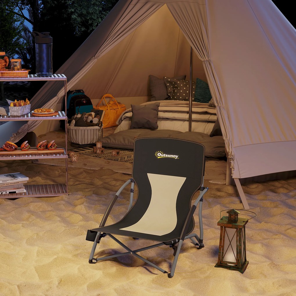 Outsunny Scaun de plajă pliabil, scaun camping pliabil ușor, husă de transport, suport pentru pahar, 58 x 55 x 62 cm, negru | Aosom Romania