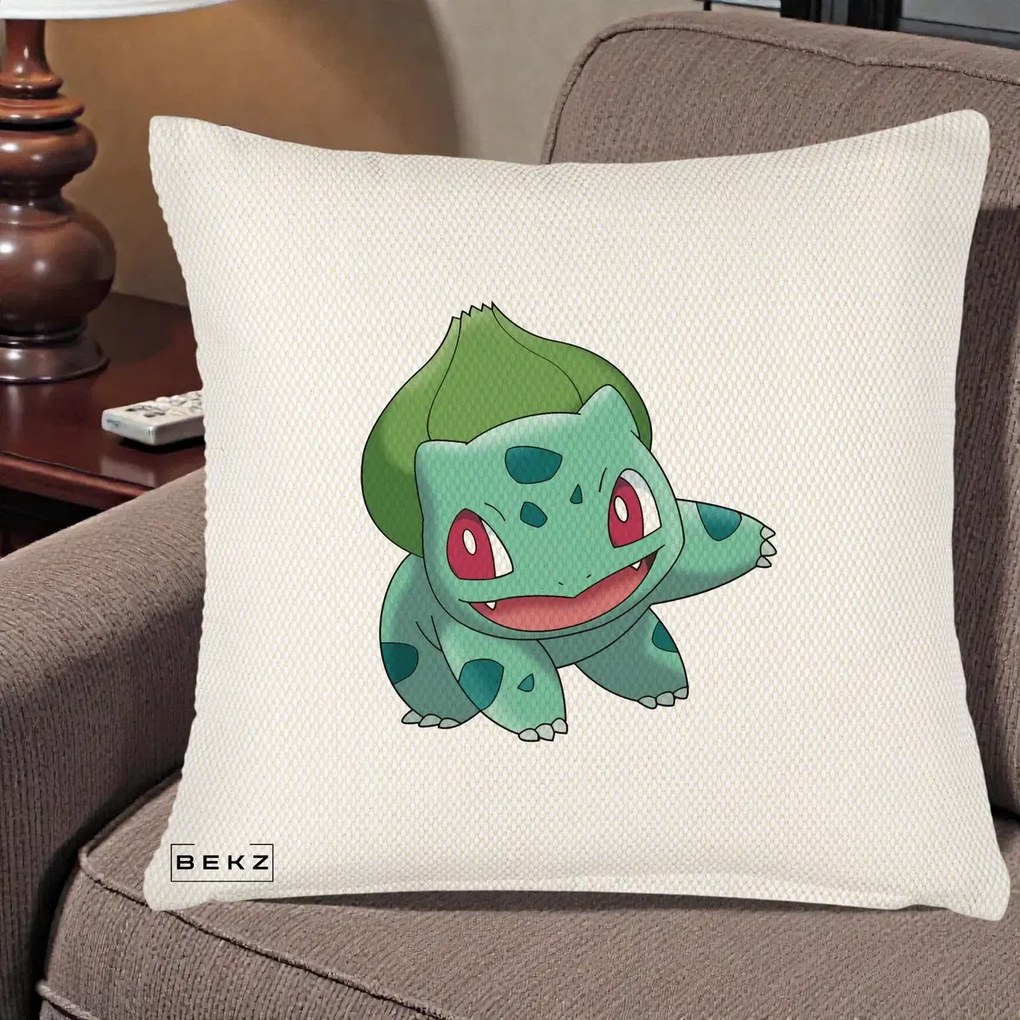 Perna Personalizata Bulbasaur Pokemon, 40x40 cm, Crem Reliefat, Husa Detasabila, Perna Inclusa, BEKZ®