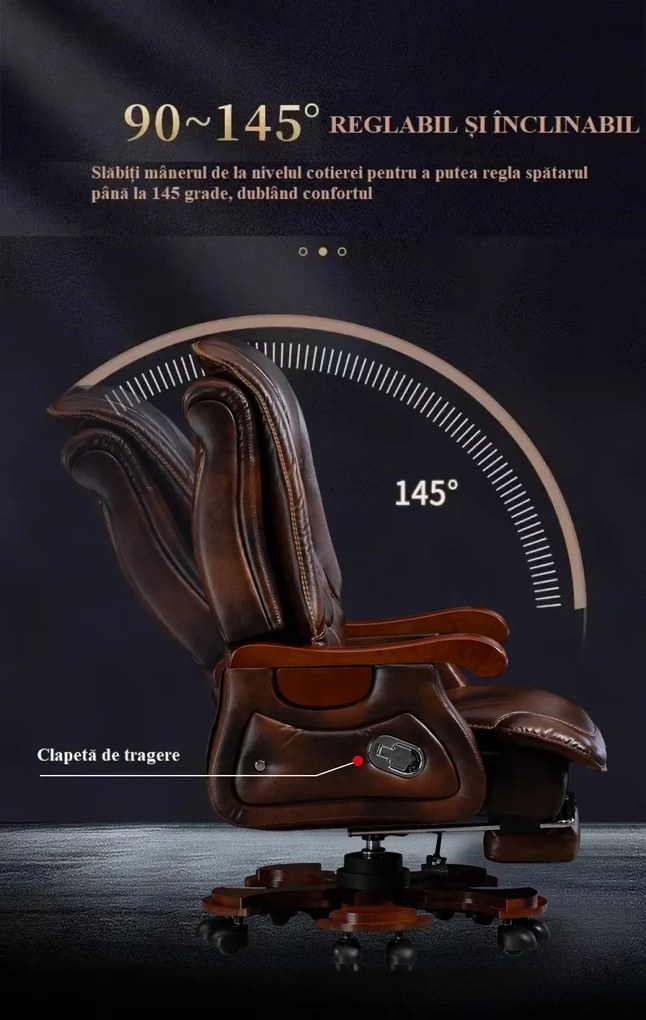 RESIGILAT- Scaun directorial din piele naturala si lemn masiv, Masaj in 9 puncte si Incalzire, rezistent 150 kg, Maro
