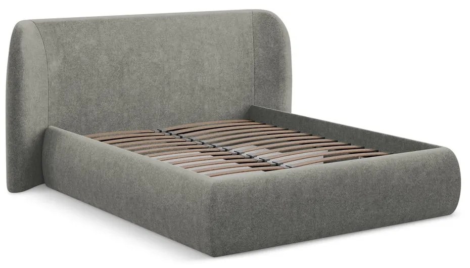 Pat matrimonial gri tapițat cu spațiu de depozitare cu somieră 140x200 cm Hauke – Makamii