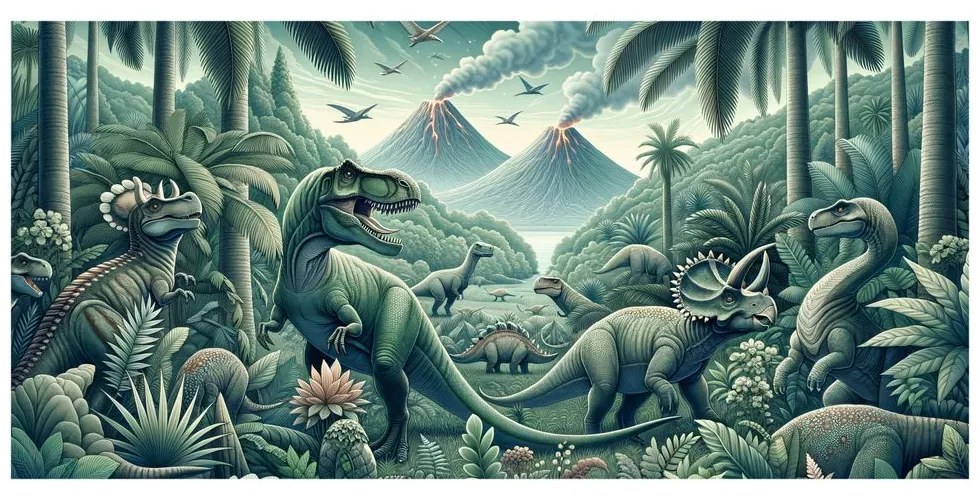 Tablou lumea preistorică a dinozaurilor în junglă
