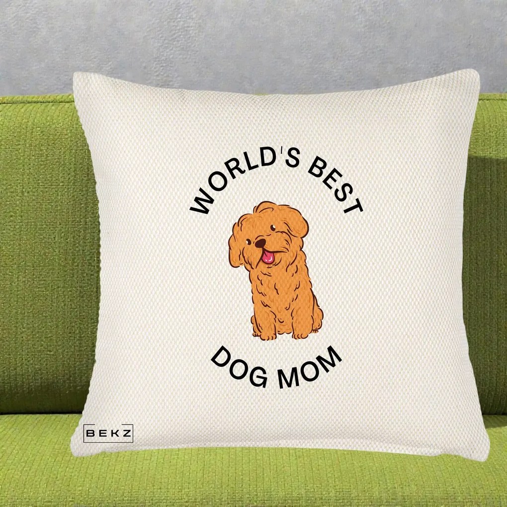 Cadou pentru Iubitorii de Caini - Perna Personalizata World's Best Dog Mom, 40x40 cm, Crem Reliefat, Husa Detasabila, Perna Inclusa, BEKZ®