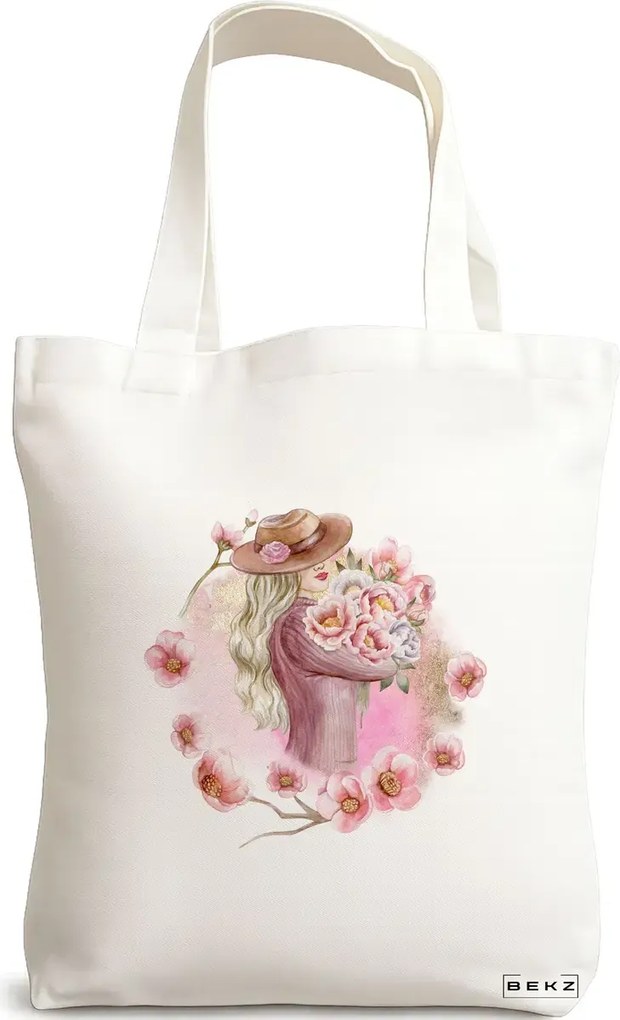 Sacosa de Panza pentru Cumparaturi, Geanta Tote, model Floral Romance, 38x34.5 cm, Alba, BEKZ®