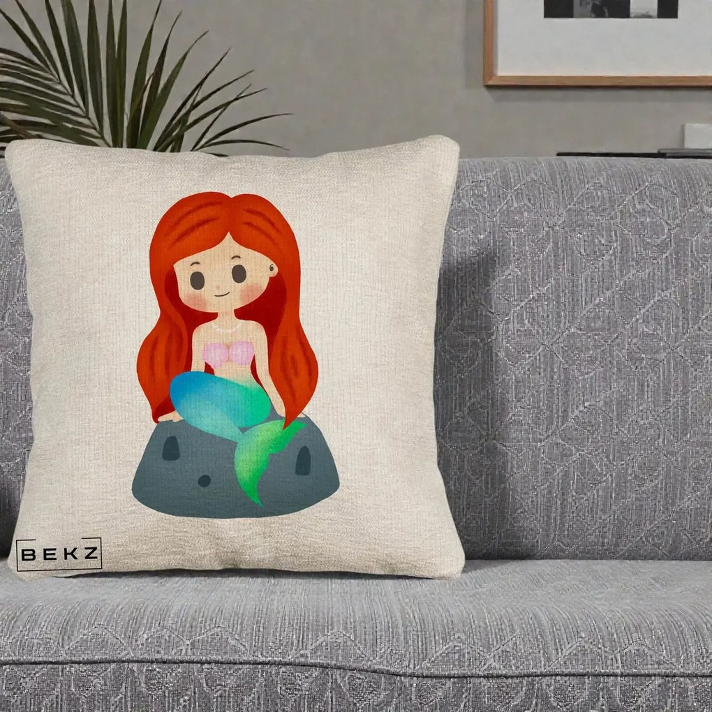 Perna Personalizata Sirena Kawaii Roscat, 40x40 cm, Bej Canapea, Husa Detasabila, Perna Inclusa, BEKZ®