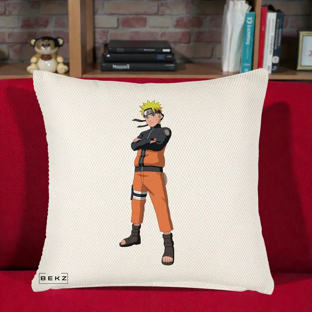 Perna Personalizata Naruto Uzumaki Portret Complet, 40x40 cm, Crem Reliefat, Husa Detasabila, Perna Inclusa, BEKZ®