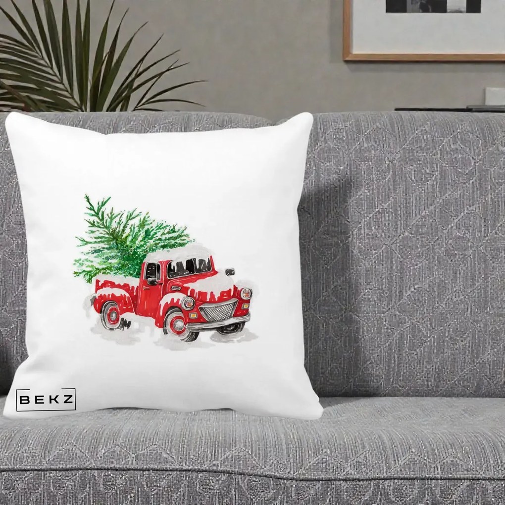 Perna Decorativa Camioneta Rosie Brad de Craciun, 40x40 cm, Alba Mata, Husa Detasabila, Perna Inclusa, BEKZ®
