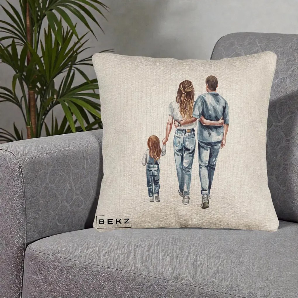 Cadou pentru Familie - Perna Personalizata Familie Acuarela Jeans, 40x40 cm, Bej Canapea, Husa Detasabila, Perna Inclusa, BEKZ®