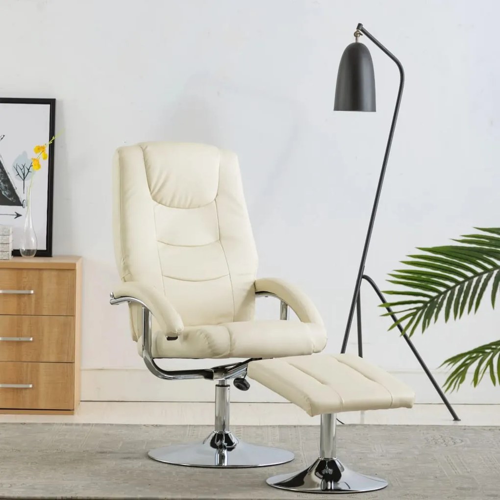 248656 vidaXL Fotoliu rabatabil cu taburet, alb crem, piele ecologică