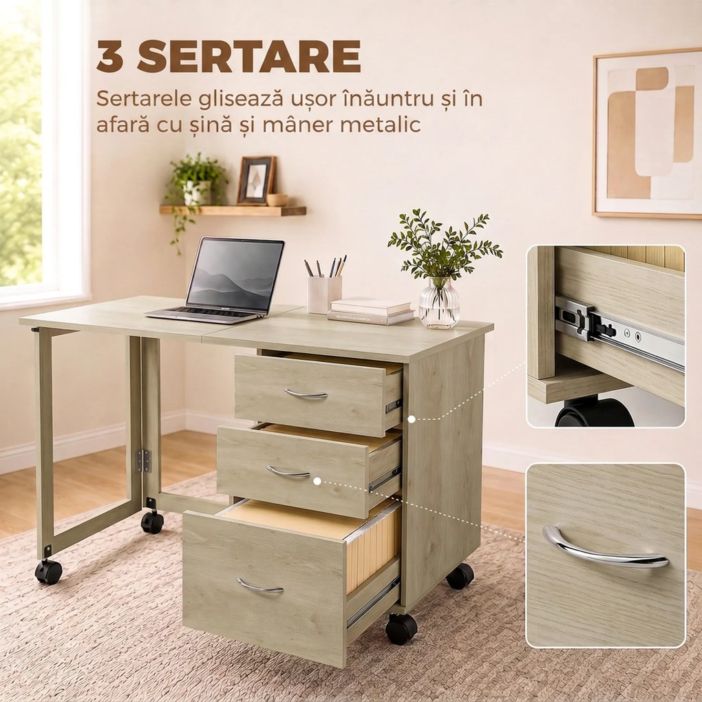 HOMCOM Birou Pliabil Con 3 Sertare, Stejar | Aosom Romania