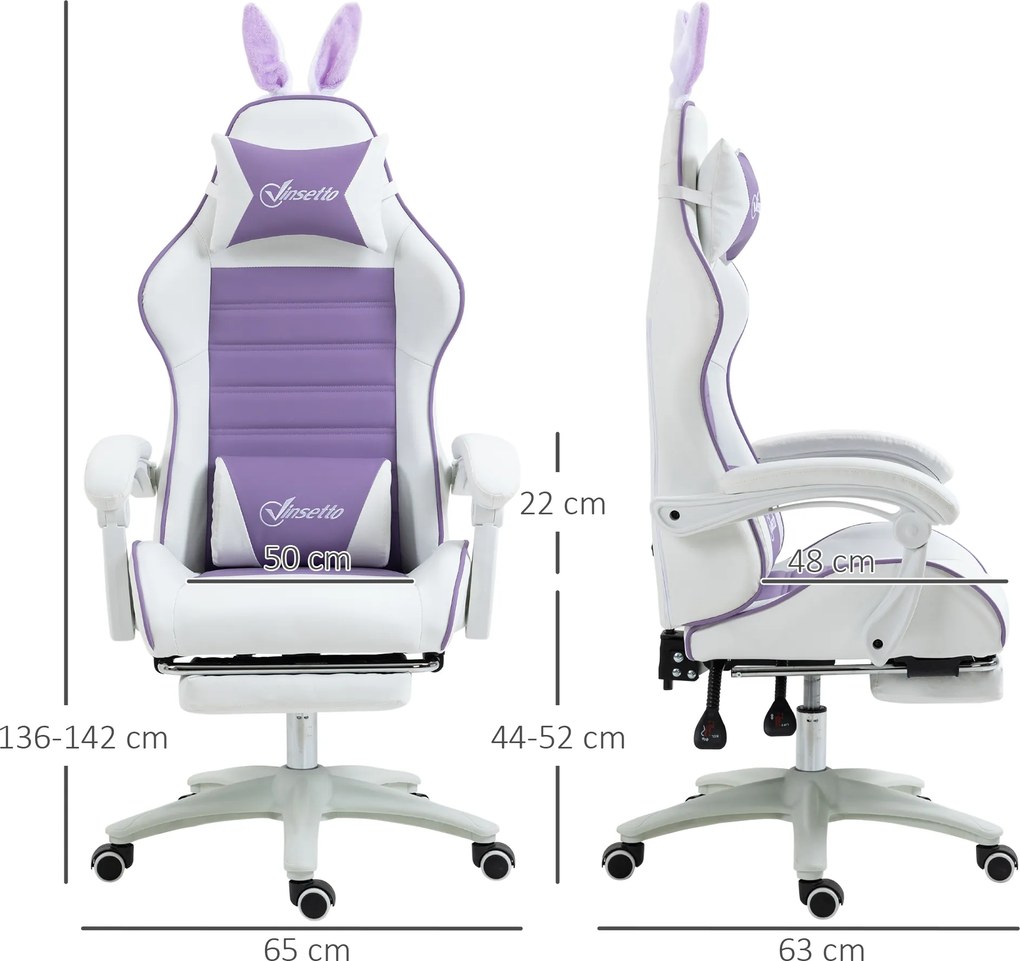 Vinsetto Scaun Gaming cu Urechi de Iepuraș, Suport pentru Picioare, Perne, Reglabil și Reclinabil, Mov | Aosom Romania