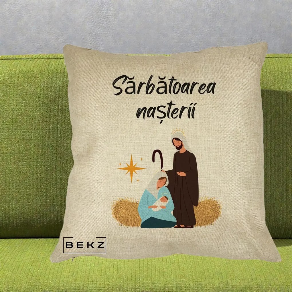 Perna Decorativa Nasterea Domnului Sfanta Familie Sarbatoarea Nasterii, 40x40 cm, Crem, Husa Detasabila, Perna Inclusa, BEKZ®