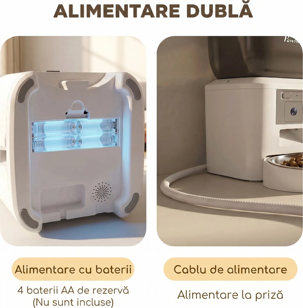 PawHut Distribuitor Automat de Hrană pentru Pisici și Câini 4L, WiFi 2,4G, Control din Aplicație cu Cameră, Bol, Alb | Aosom Romania