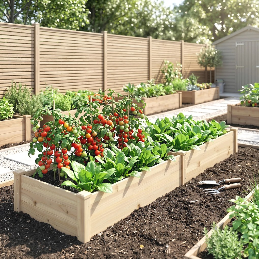 Outsunny Pat Ridicat pentru Cultivat Legume, Lada din Lemn de Brad cu Fund Deschis și Compartimente, 76x30x155 cm, Alb | Aosom Romania