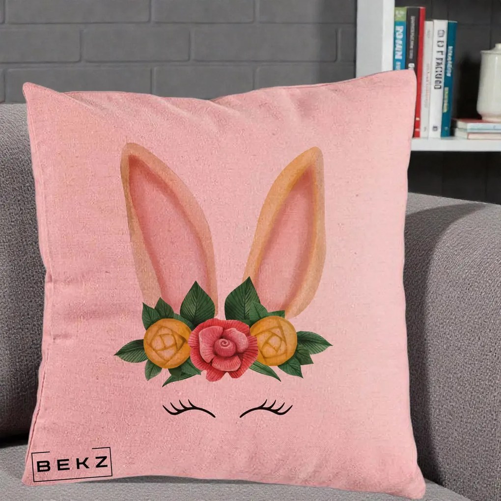 Perna Decorativa Iepuras Flori Urechi Pastelui, 40x40 cm, Roz, Husa Detasabila, Perna Inclusa, BEKZ®