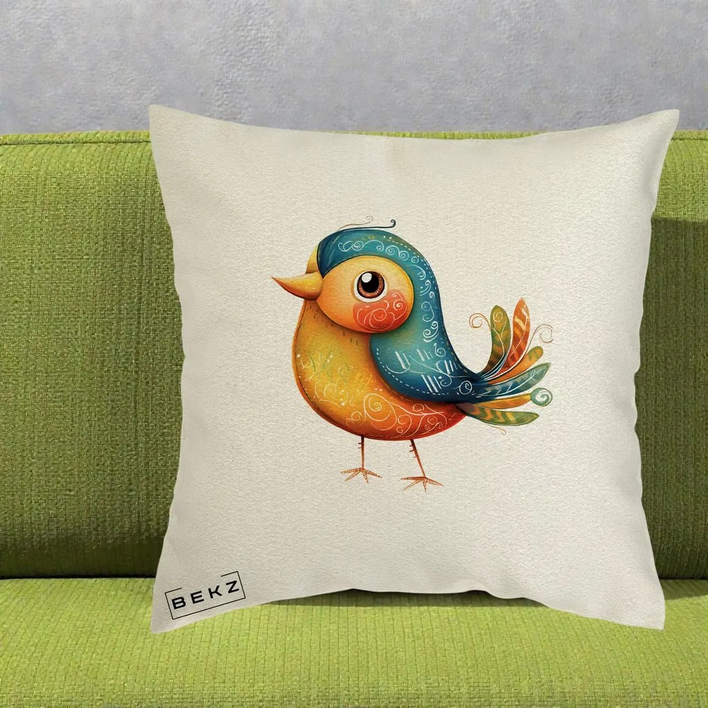 Perna Decorativa Pasare Folk Art Portocalie-Teal, 40x40 cm, Ecru, Husa Detasabila, Perna Inclusa, BEKZ®