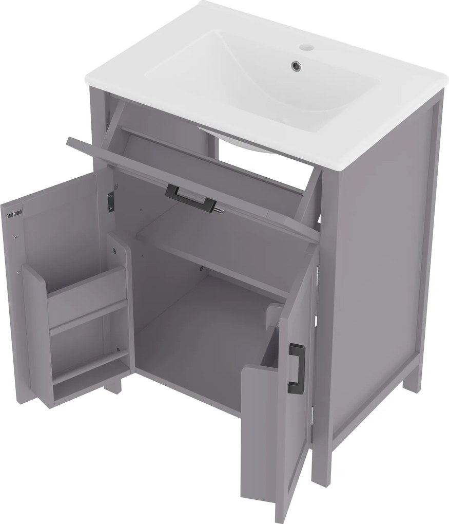 Dulap de baie independent cu chiuvetă, rafturi cu uși duble, sertare practice, rafturi ajustabile, 60x46x84,8 cm, Gri