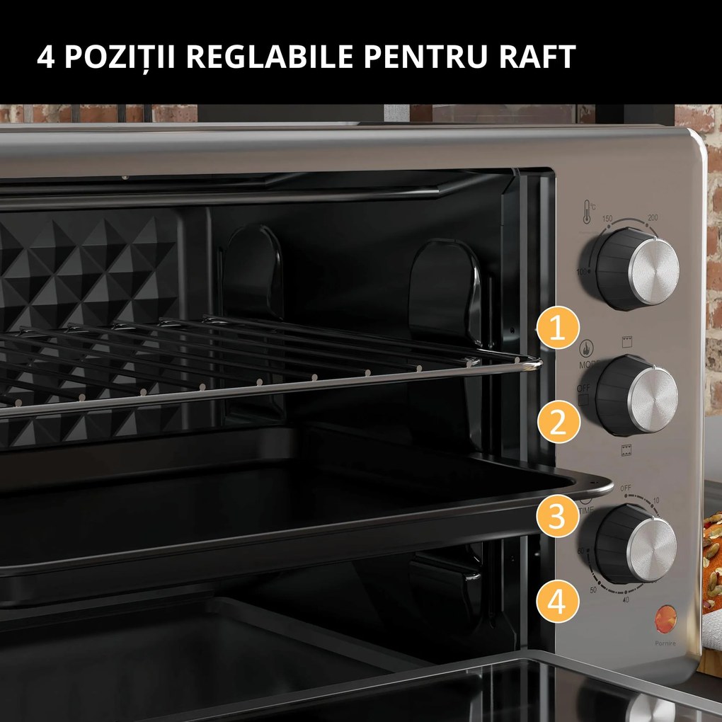 HOMCOM Mini Cuptor Electric cu Convectie 30L pentru Bucătărie Blat Temperatură Ajustabilă 1600W Accesorii Incluse | Aosom Romania