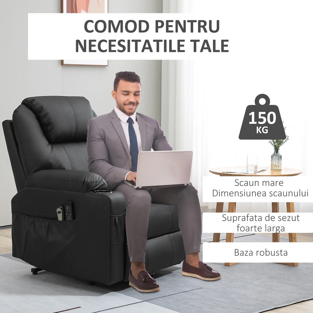 HOMCOM Scaun cu Ridicare Electrică, Masaj, Telecomandă și Buzunare Laterale pentru Vârstnici, din Piele PU, 88x92x106 cm, Negru | Aosom Romania