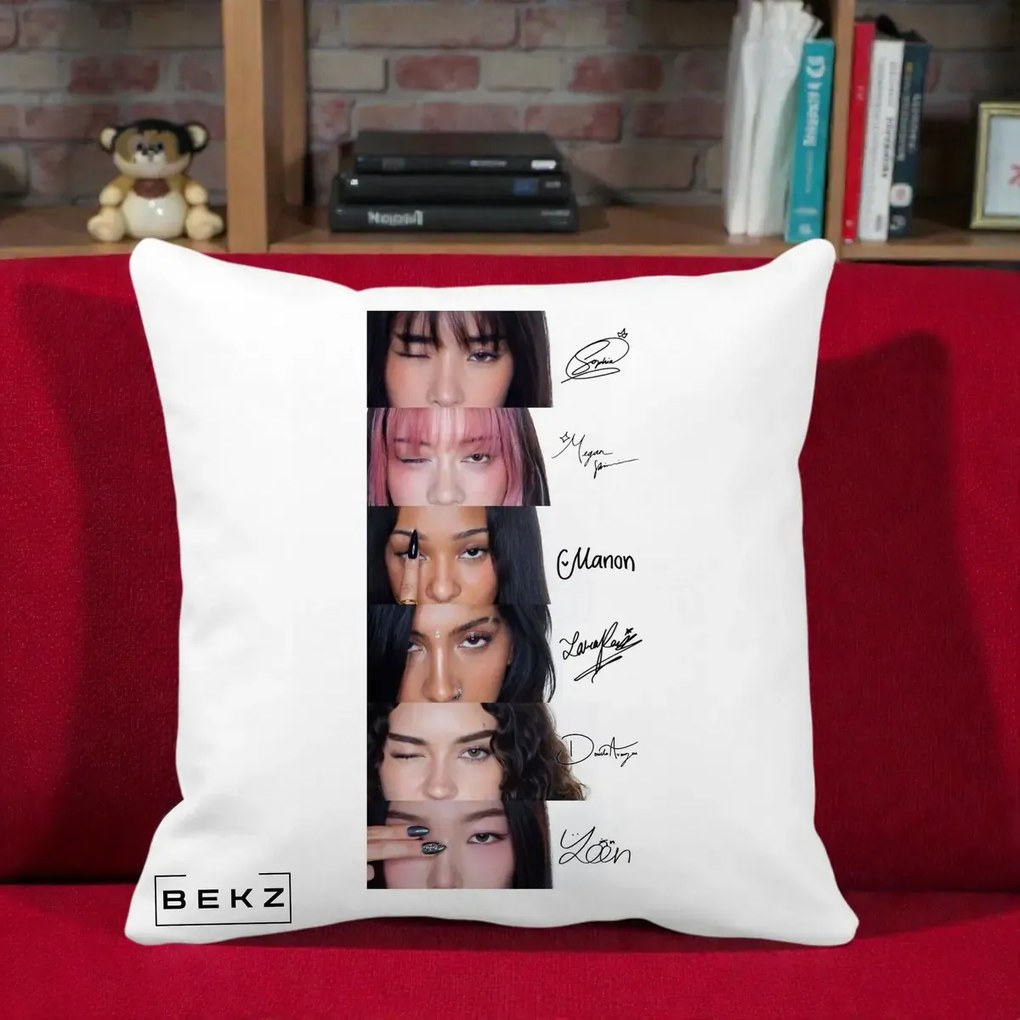 Perna Personalizata K-pop KATSEYE Semnaturi fara Foto, 40x40 cm, Alba Mata, Husa Detasabila, Perna Inclusa, BEKZ®