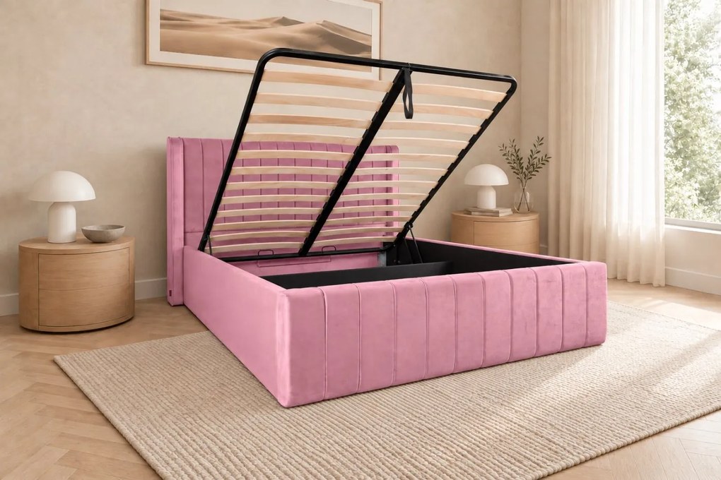 Pat tapițat din catifea Aurelia Simple 160×200 cm, roz, cu ladă de depozitare