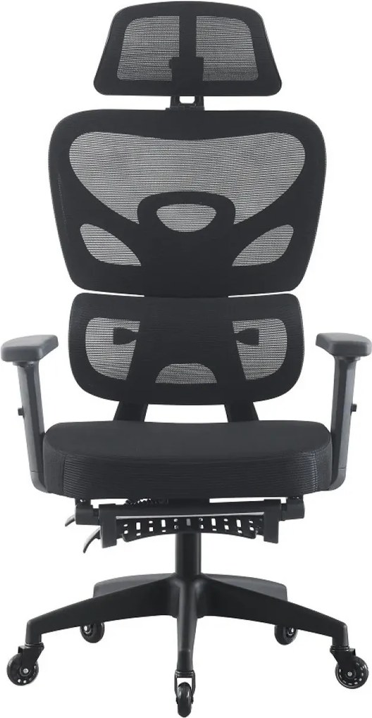 Scaun ergonomic, cotiere 3D, suport lombar adaptiv, spătar reglabil pe inaltime, tetiera 3D, suport pentru picioare, pivotant, Mesh, Negru