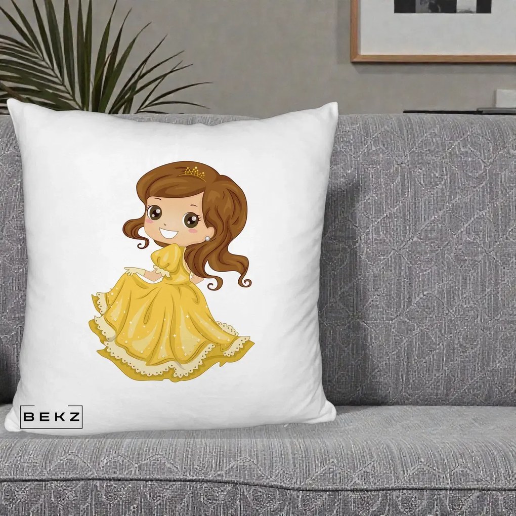 Perna Decorativa Printesa Bella Rochie Aurie, 40x40 cm, Alb Pufos, Husa Detasabila, Perna Inclusa, BEKZ®