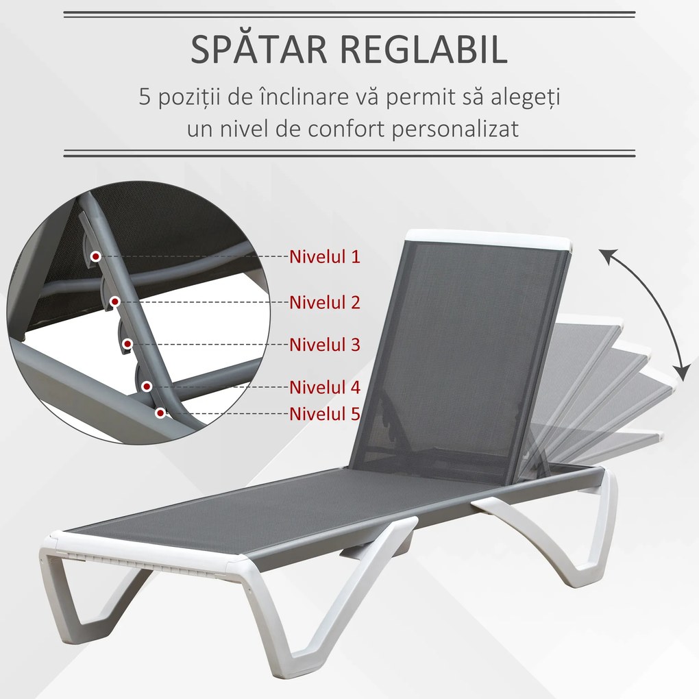Outsunny Sezlong de Grădină cu Spătar Reglabil pe 5 Niveluri și Roți, Aluminiu și Textilena, Gri și Alb, 195x67.5x33 cm | Aosom Romania
