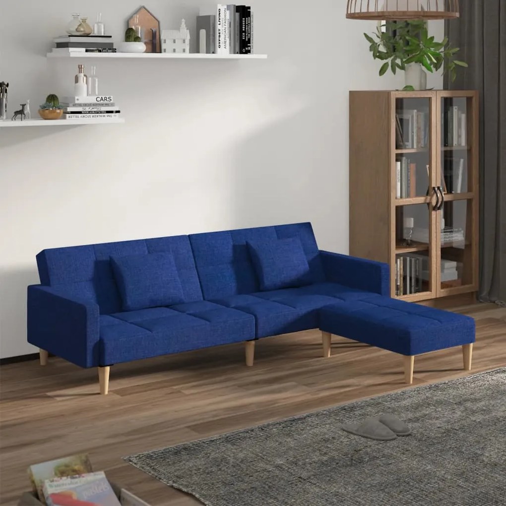 3080617 vidaXL Canapea extensibilă 2 locuri, 2 perne&taburet, albastru, textil