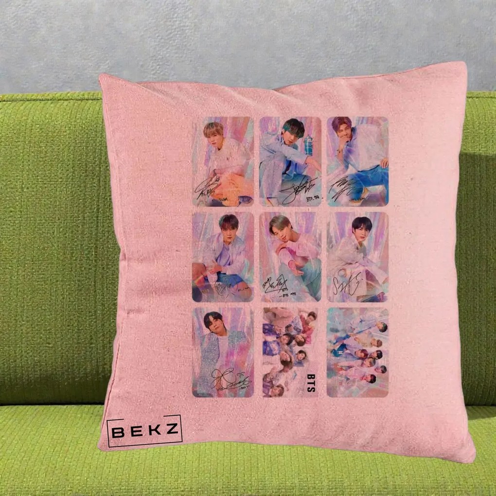 Perna Personalizata K-pop BTS Colaj 9 Fotografii Autografe Individual, 40x40 cm, Roz, Husa Detasabila, Perna Inclusa, BEKZ®