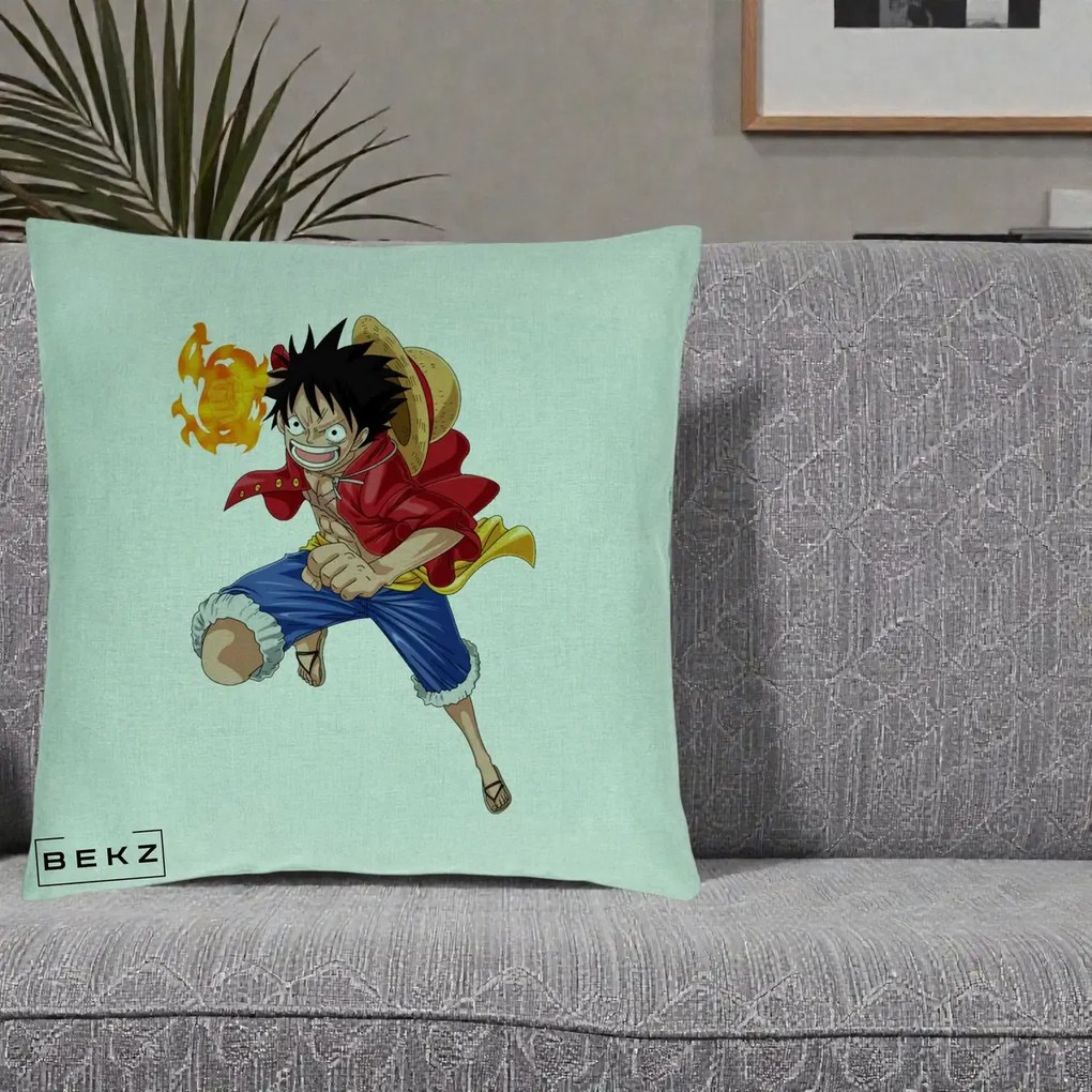 Perna Personalizata One Piece Luffy Gear Second Foc, 40x40 cm, Verde Menta, Husa Detasabila, Perna Inclusa, BEKZ®