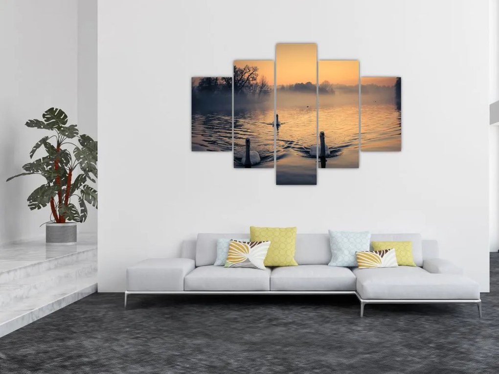 Tablou cu lebăde pe apă în ceață (150x105 cm)