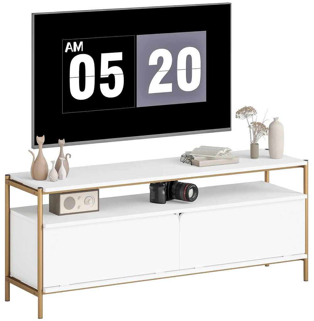 HOMCOM Suport TV meuble télé pentru televizor de până la 55 de inch cu 2 uși rabatabile și raft deschis, 124x35x50 cm, alb | Aosom Romania