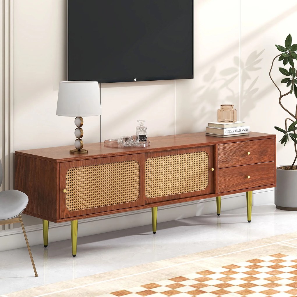 Mobilier TV elegant cu uși glisante din ratan, Culoare naturală | Aosom Romania