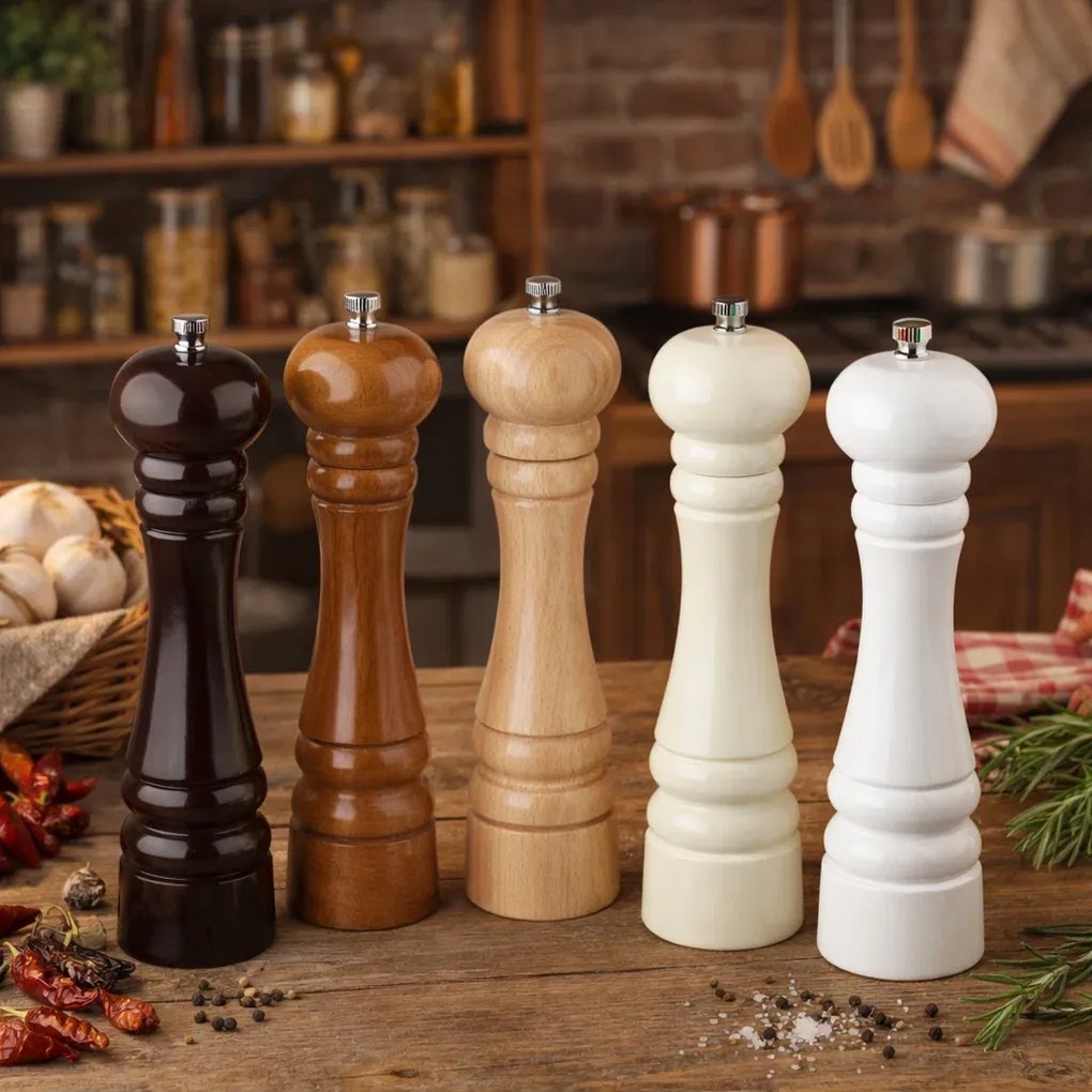 Set 5 rasnite din lemn pentru sare si piper, 32 cm