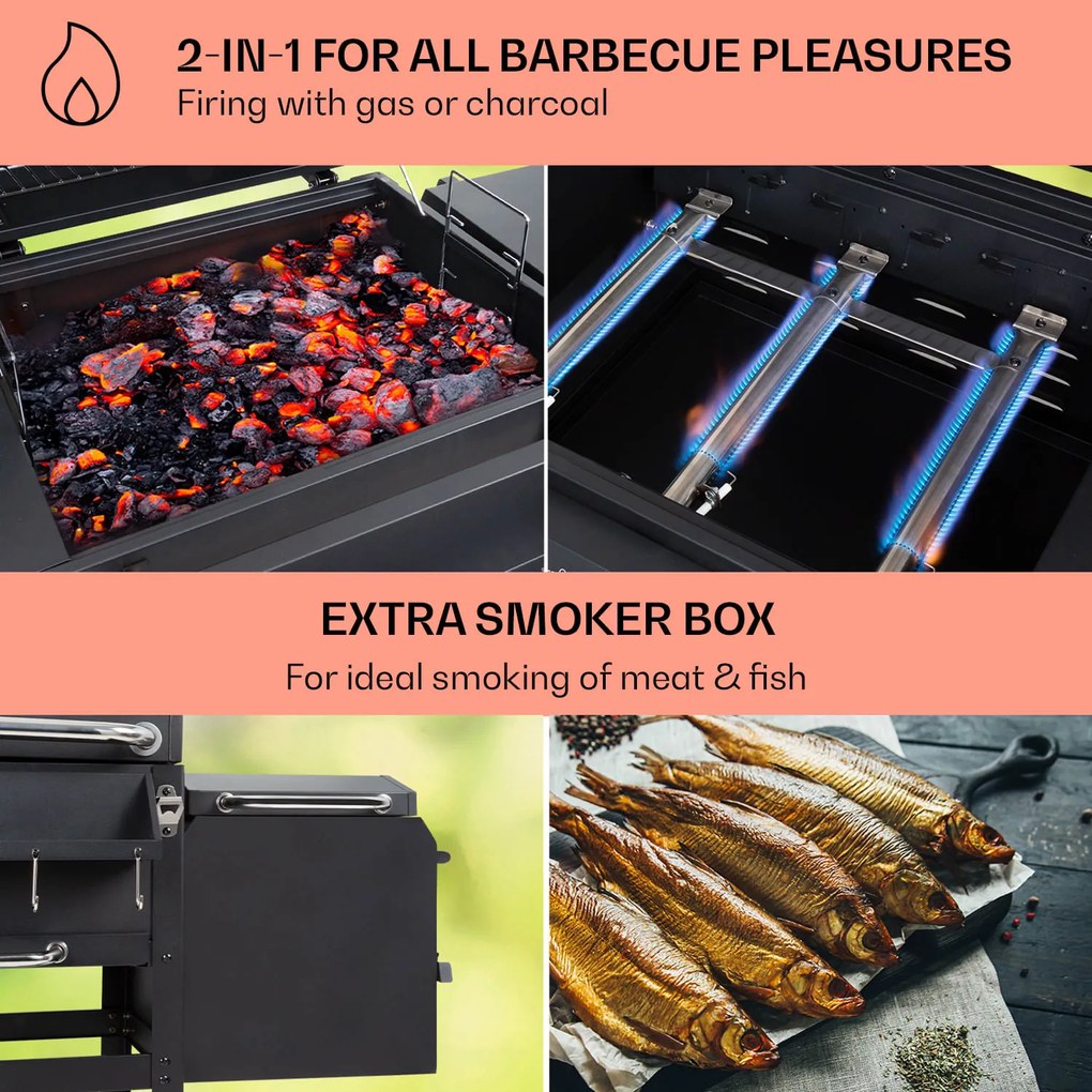 Kingsville Smoker, grătar combinat, gaz, cărbune, afumător cu cărbune, 13,5 kW, 3+1 arzătoare, negru