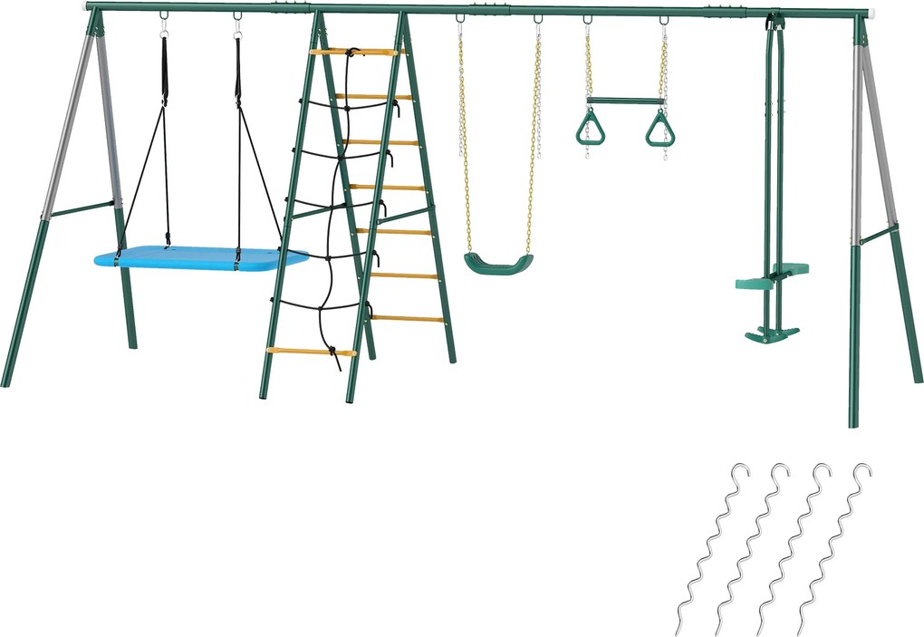 AIYAPLAY Cadru 5-în-1 pentru leagăn cu leagăn-tip-cuib reglabil, inele de gimnastică, scaun dublu, cadru de cățărare pentru 3-8 ani 440x175x203 cm | Aosom Romania