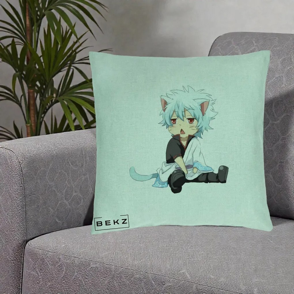 Perna Personalizata Gintama Gintoki Chibi Pisica, 40x40 cm, Verde Menta, Husa Detasabila, Perna Inclusa, BEKZ®