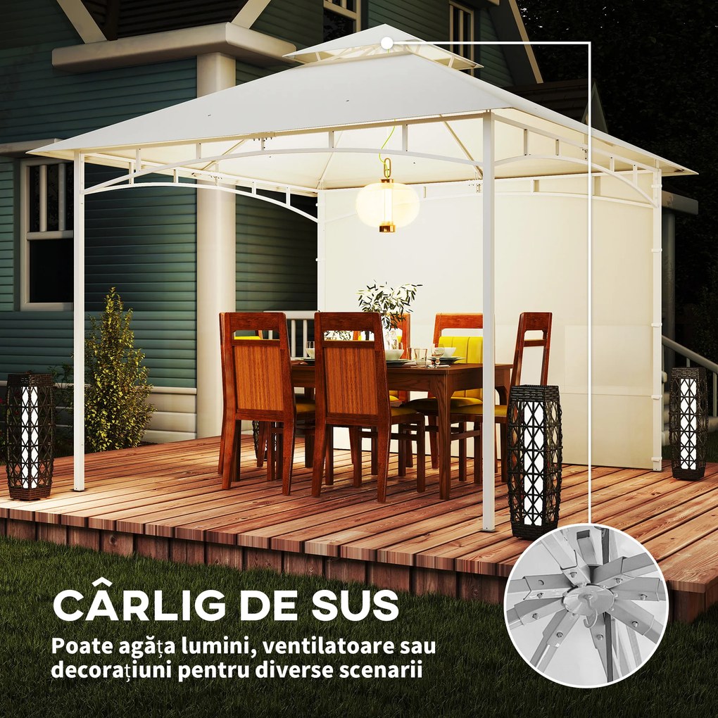 Outsunny Foișor de Grădină 3x3 m cu Corturi, Buzunare pentru Depozitare și Cârlig la Tavan, Foișor din Metal cu Acoperiș Dublu, Orificii de Drenaj, UV30+, Crem | Aosom Romania