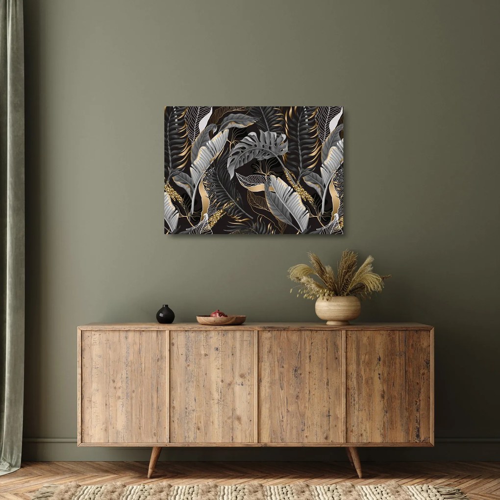 Tablou pe sticlă - Frunze tropicale, Galben - auriu (70x50 cm)