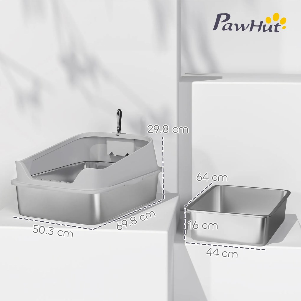 PawHut Arenero pentru Pisici din Oțel Inoxidabil XXL cu Margini Înalte Lopată Ușor de Curățat Test de Scurgeri 70x50x30 cm Gri | Aosom Romania