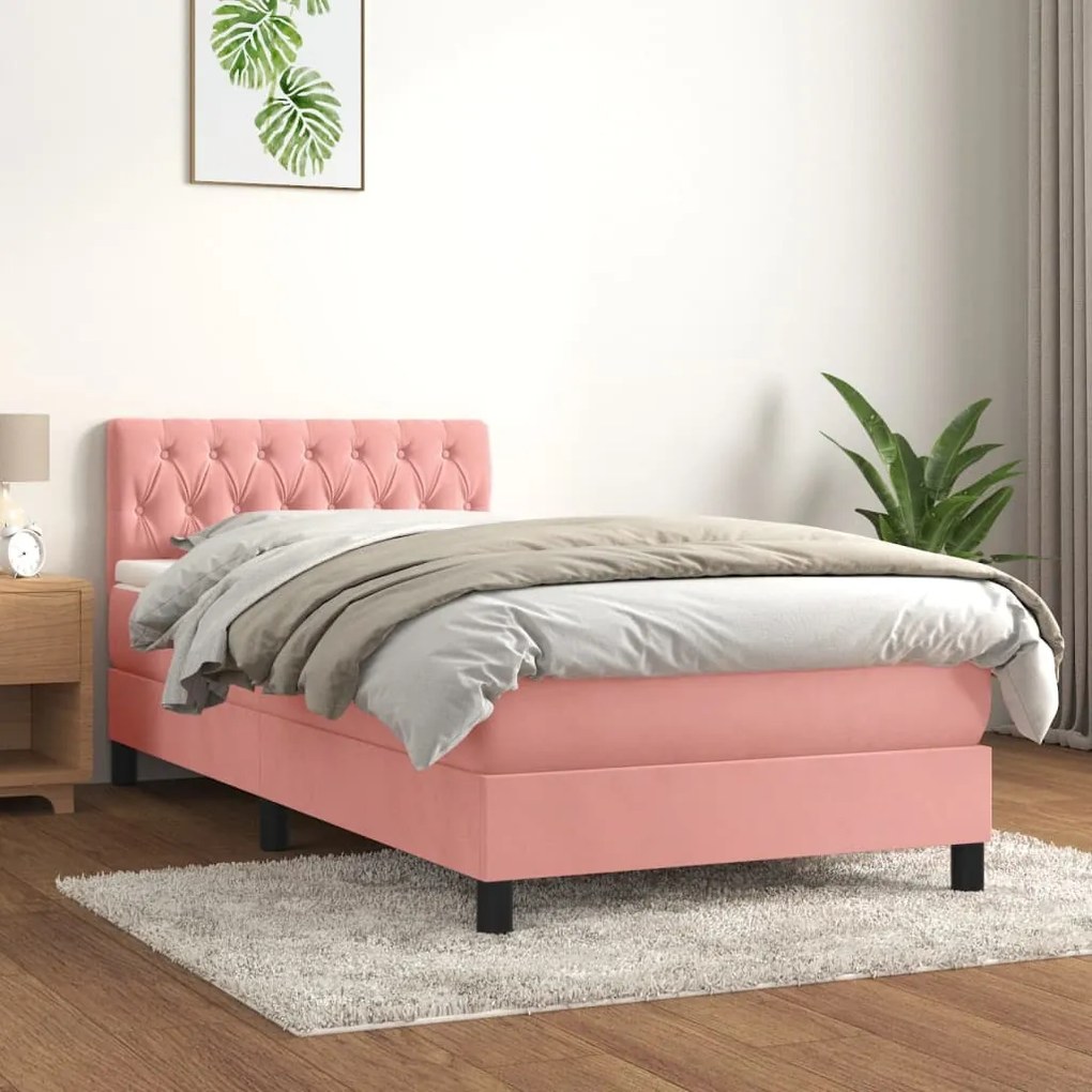 vidaXL Pat box spring cu saltea, roz, 90x190 cm, catifea