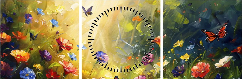 Tablou - Pajiște cu flori de primăvară, pictură (cu ceas) (90x30 cm)