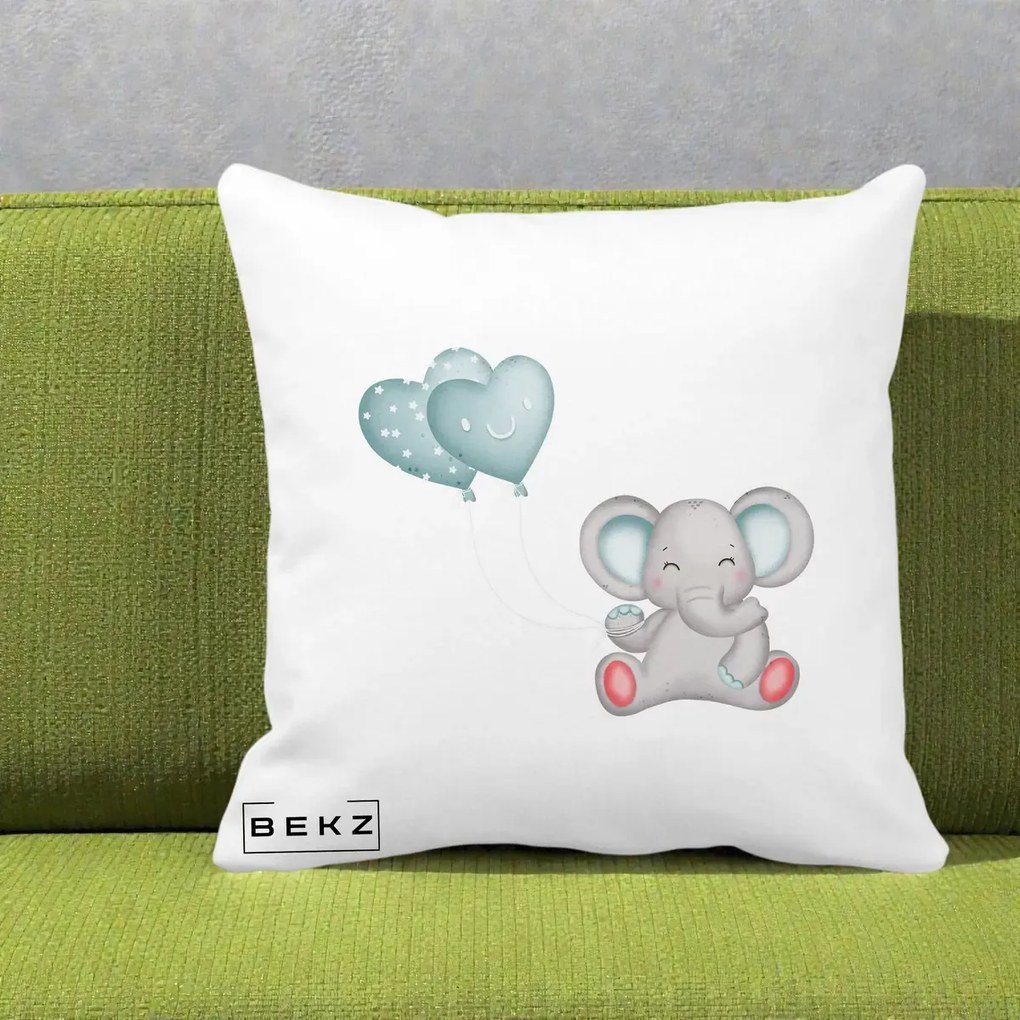 Perna Decorativa Elefant si baloane in forma de inimioare, 40x40 cm, Alba Mata, Husa Detasabila, Perna Inclusa, BEKZ®