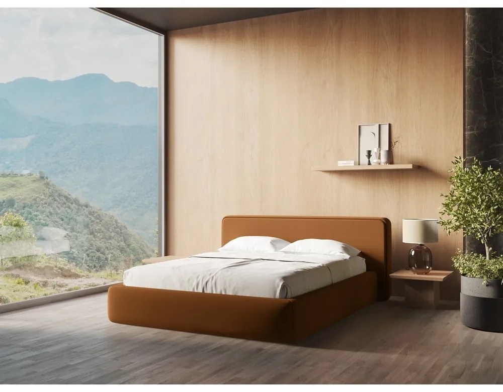 Pat matrimonial teracotă tapițat cu spațiu de depozitare cu somieră 160x200 cm Kiana – Makamii