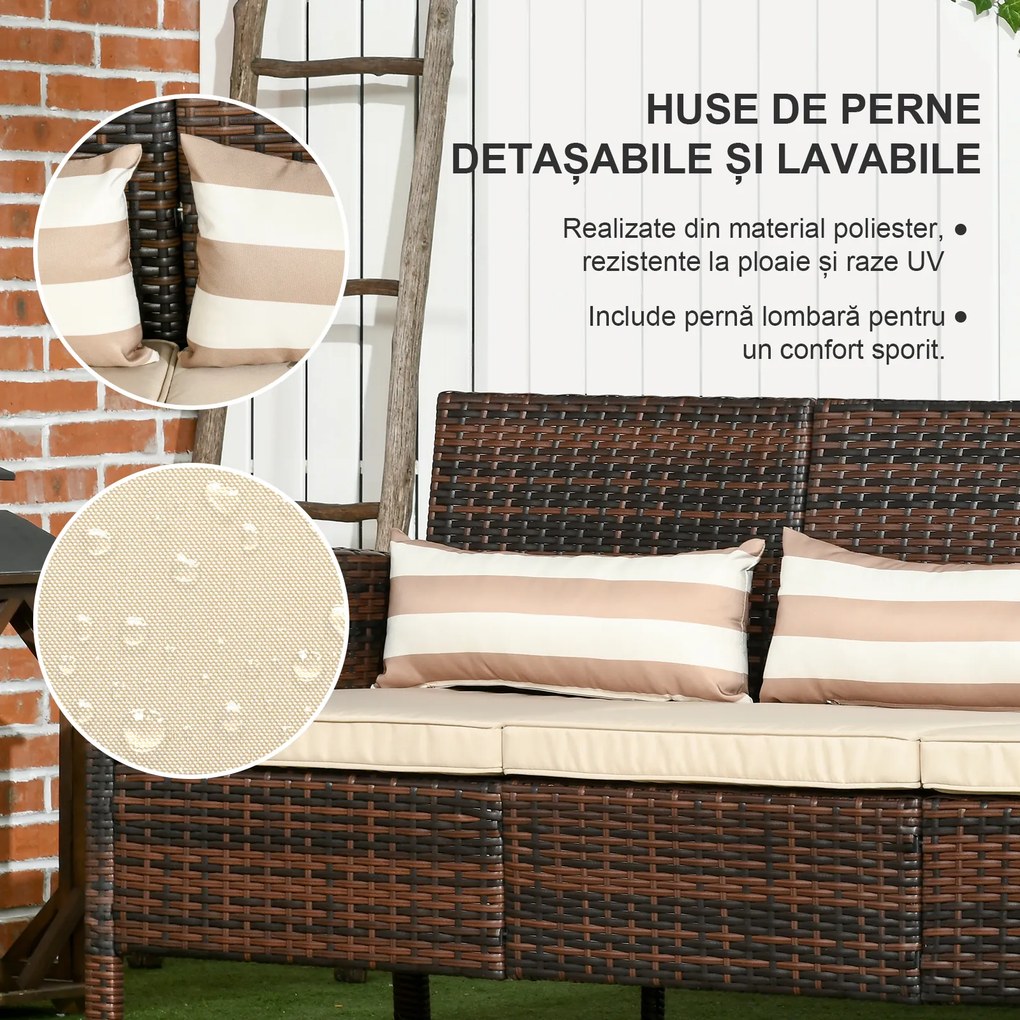 Outsunny Canapea de exterior cu 3 locuri, din ratan PE, cu perne confortabile și detașabile, 173x68x78 cm, maro | Aosom Romania