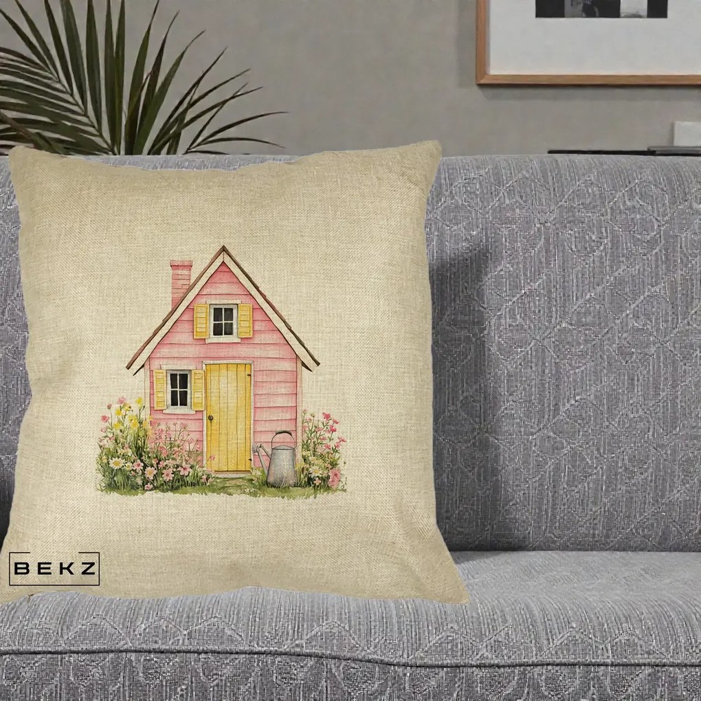 Perna decorativa Casuta Roz Acuarela cu Gradina, 40x40 cm cu Umplutura, Crem, BEKZ
