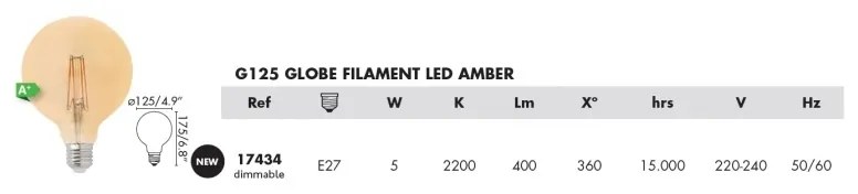 Bec E27 GLOBE LED LED AMBER 5W 2200K DIMABLE 17434
