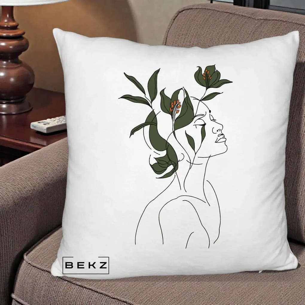 Perna Decorativa Portret Feminin Crin Verde, 40x40 cm, Alb Pufos, Husa Detasabila, Perna Inclusa, BEKZ®